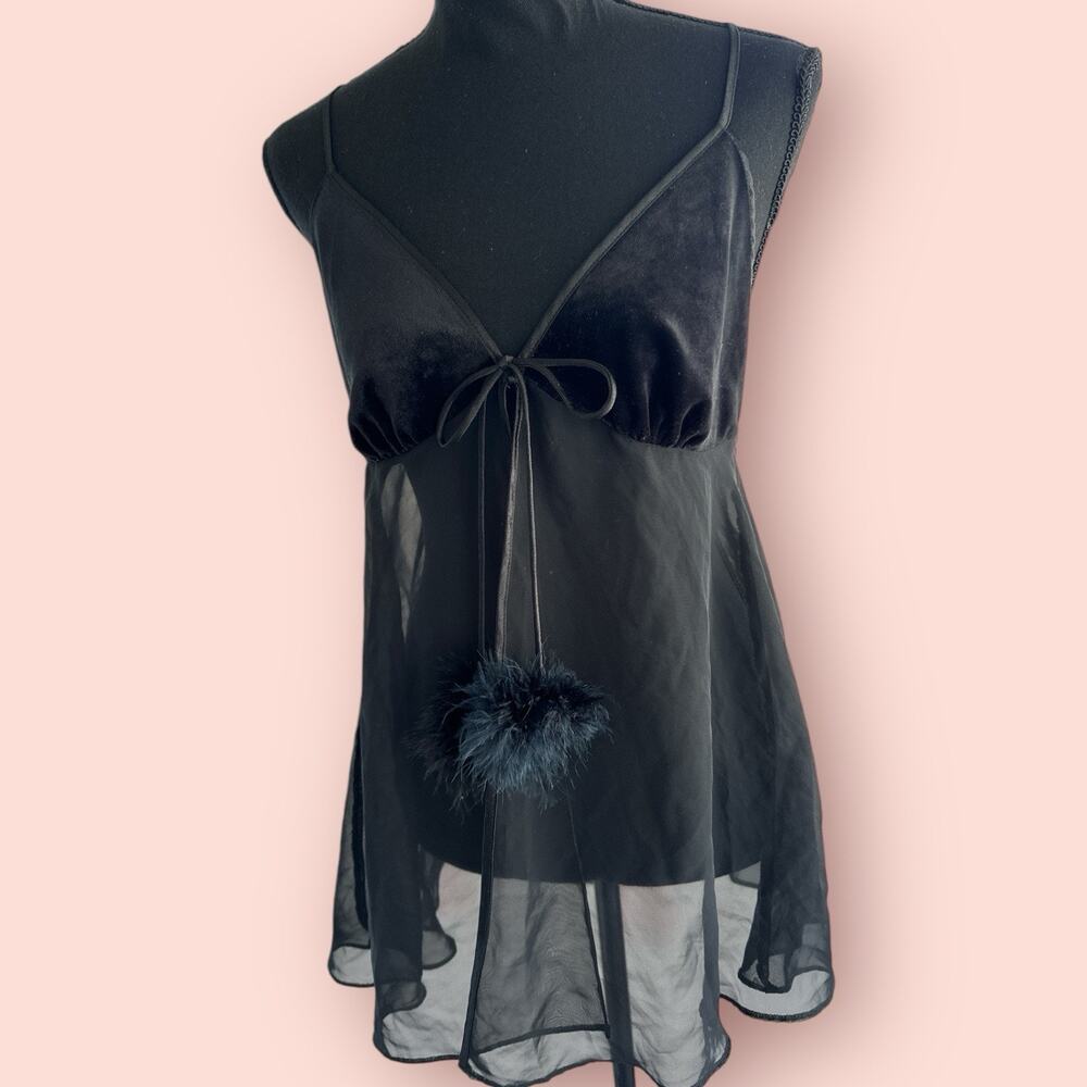 Vtg Babydoll Top Lingerie Velvet Sheer Black Size Medium Pom Poms Whimsygoth